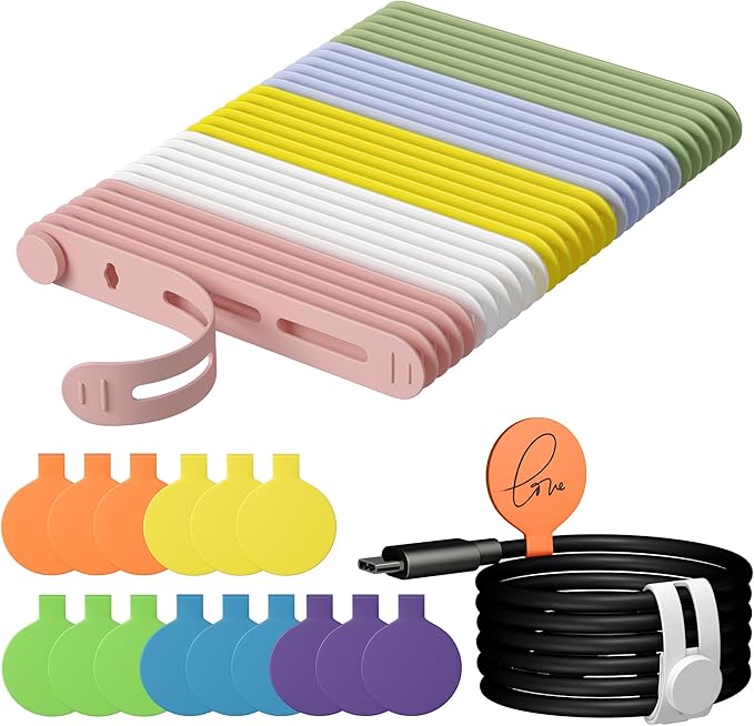 45Pcs Nearockle Cable Labels and Silicone Cable Ties Value Cable Management Set, 30 Cable Ties+15 Cord Labels for Electronics, Travel Home Office Desk Wire Organization(Multicolor)