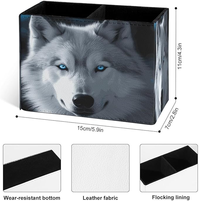 Famame White Wolf Blue Eyes Pencil Holder for Desk, Leather Desktop Container Pen Cup Storage Study Table Pen Organizer Makeup Brush Holder for Classroom Office Home