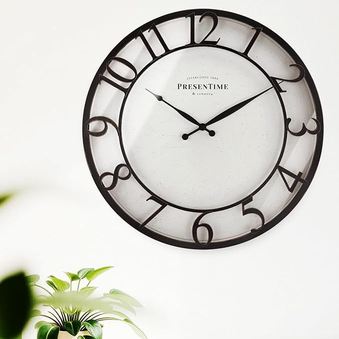 Presentime & Co 21" Farmhouse Series Wall Clock,Vintage Style, Retro Clock, Raised 3D Arabic Numeral, Oil Rubbed Bronze Finish. Wall Décor for Living Room and entryway.