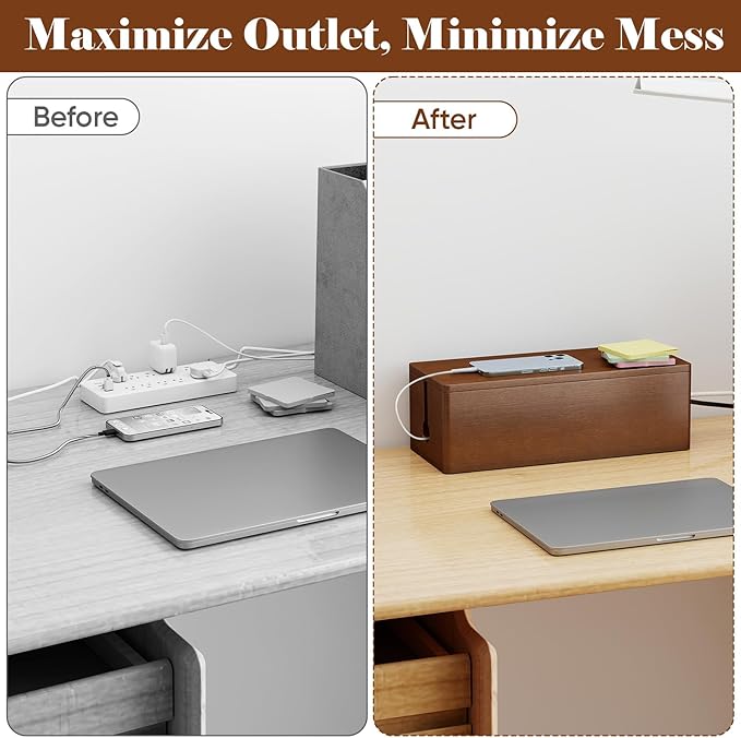 Delamu Wood Cable Management Box with Magnetic Lid, Duty Desk Charging Cord Organizer Cord Box Hider with Ventilation for Desk, Floor, Home Office, Power Strip Cover Box Baby Proof