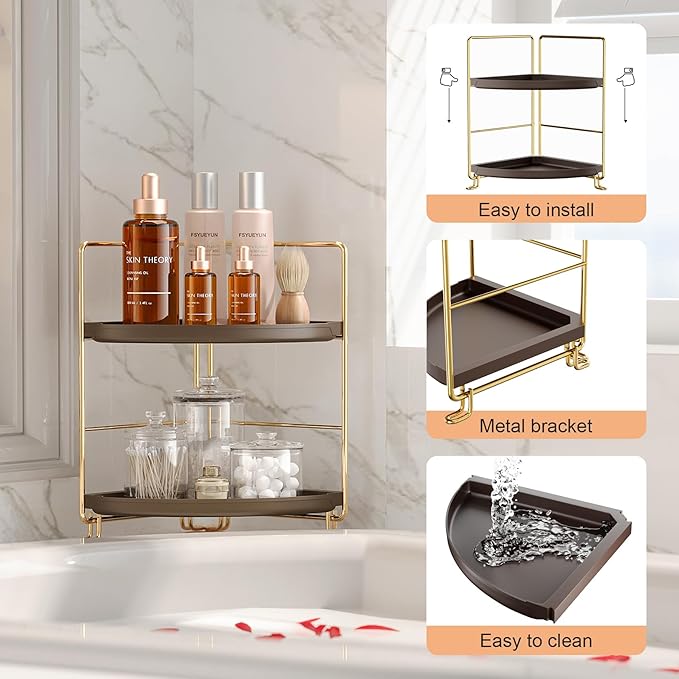 FSyueyun 2-Tier Corner Bathroom Counter Organizer, Tool-Less Installation Corner Vanity Organizer Small Plastics Countertop Makeup Tray Skincare Perfume Organizers (Gold & Brown)