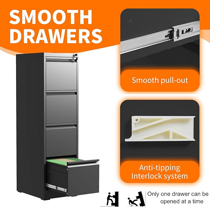 OPTYMIRA 4 Drawer Metal File Cabinet with Lock Heavy Duty Lockable Filing Cabinets Home Office Steel File Cabinet Black Vertical File Cabinets for Legal/Letter Size File,Assembly Required