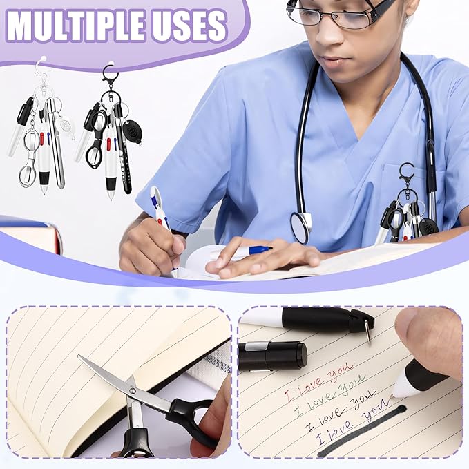 12 pcs Nurse Pen Set Two Colors Black Silver Include Permanent Marker Pen Pen Lights for Nurses Retractable Ballpoint Pen Nursing Keychain Clip Foldable Scissors LED Flashlight Keychain for Nurses