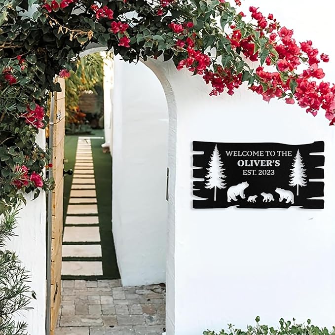 Custom Bear Metal Sign, Custom Bear Metal Wall Art Decor, Personalized Last Name Welcome Signs for Home, Rustic Farmhouse Black Wall Decor for Cabin, Porch, Living Room