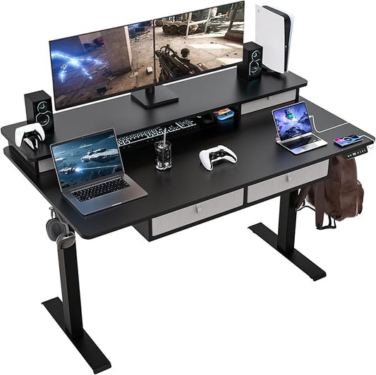 ExaDesk 55 * 30 Inches Electric Standing Widened Desk Adjustable Height with 4 Drawers, Double Storage Shelves Stand Up Desk, Home Office Workstation Sit Stand up Desk (Classical Black)