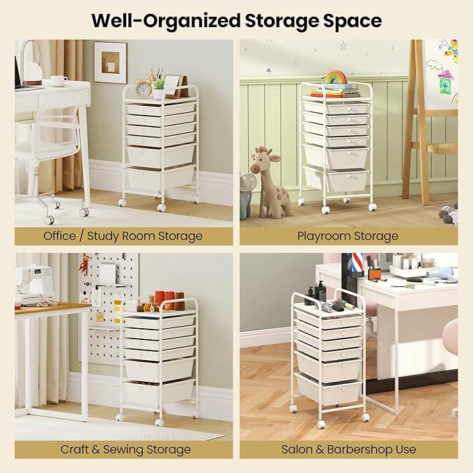 Giantex 6 Storage Drawer Cart Rolling Organizer Cart for Tools Scrapbook Paper Home Office School Multipurpose Mobile Utility Cart (Ivory)