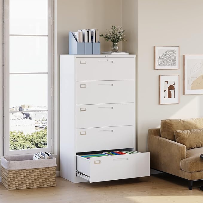 MIIIKO Lateral File Cabinet with Lock, 5 Drawer Metal File Cabinets 35.4" Wide, Home Office Locking Filing Cabinets for Legal Letter File Folders