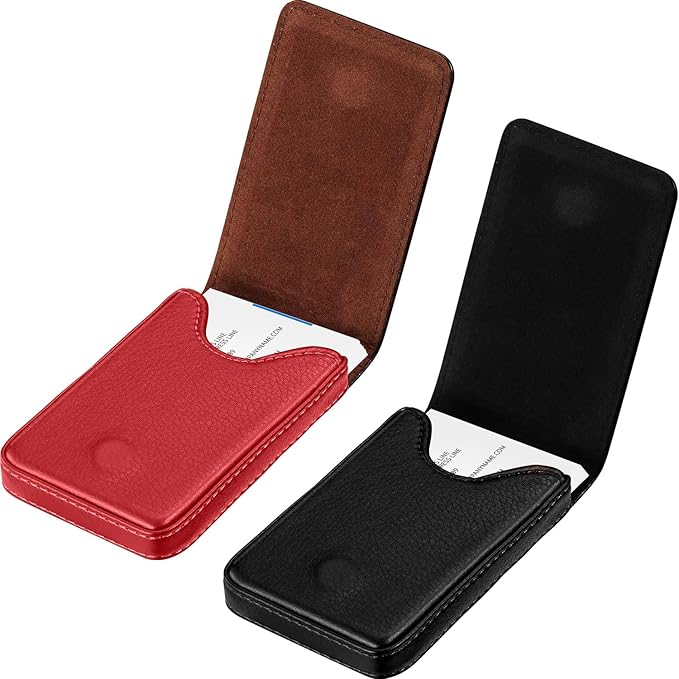 Outus 2 Pieces Business Card Holder, PU Leather Business Card Case Pocket Wallet with Magnetic Shut for Valentines Gift Men Women(Black and Red,Classic)