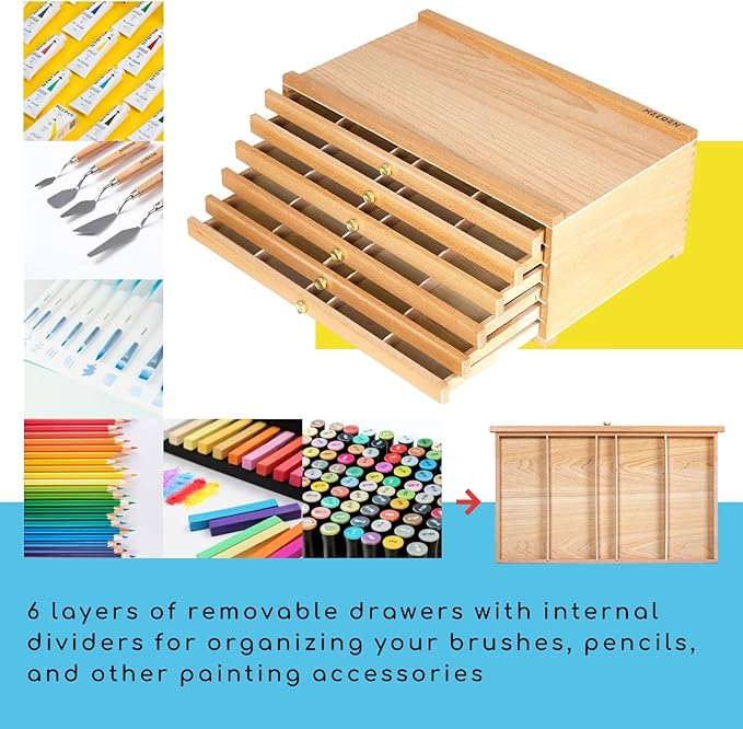 MEEDEN 6-Drawer Artist Supply Storage Box - Portable Foldable Multi-Function Beech Wood Artist Tool & Brush Storage Box with Compartments & Drawer for Pastels, Pencils, Pens, Brushes, Stamp