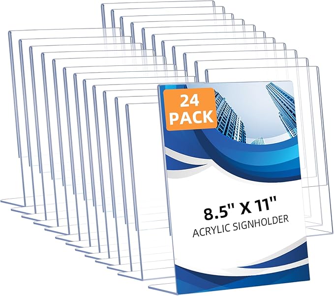 DECOHOBO 24 Pack Acrylic Sign Holder 8.5 x 11, Clear Plastic Display Stands for Tabletop, L-Shape Acrylic Stands for Flyers, Documents, Office, Restaurants, Vertical Sign Holder 8.5x11 for Desktop