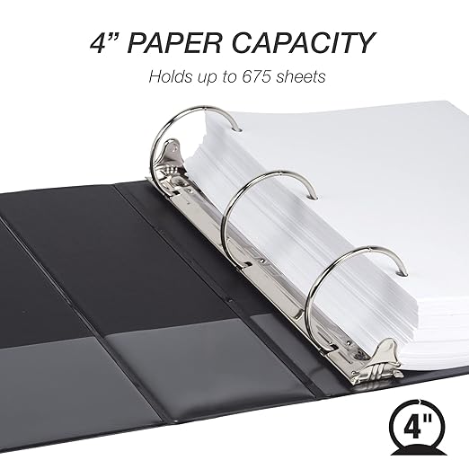 Samsill 4 Inch 3 Ring Binder, Made in USA, Economy Round Ring, Clear View Cover, 675 Sheet Capacity - for School, Home, Office - Black