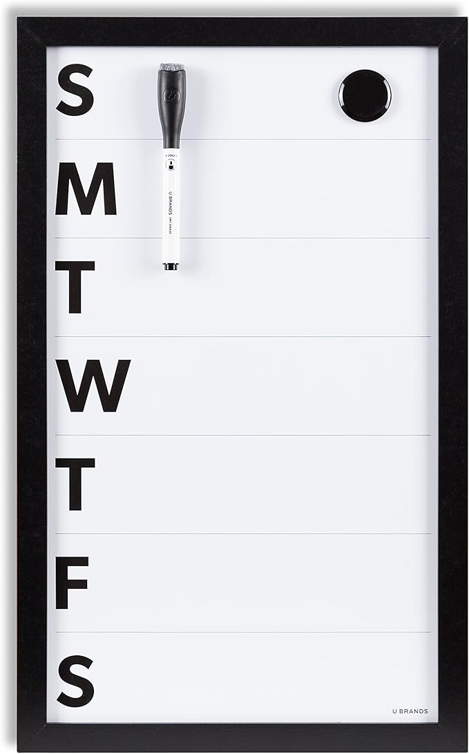 U Brands Framed Magnetic Weekly Calendar Dry Erase White Board, Office Supplies, Black Frame, with Marker, Magnet, 11” x 18”