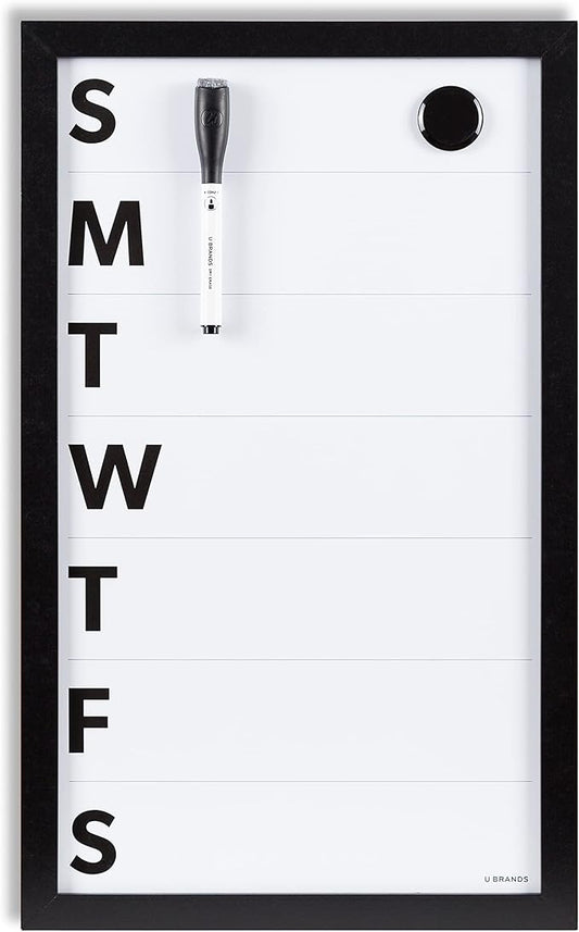 U Brands Framed Magnetic Weekly Calendar Dry Erase White Board, Office Supplies, Black Frame, with Marker, Magnet, 11” x 18”