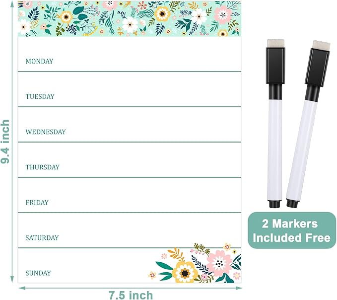 Outus 2 Pieces Magnetic Weekly Dry Erase Boards Erasable Weekly Calendars Whiteboard Planners with 2 Pieces Markers for Office, Home, School Supplies (Flower Style)