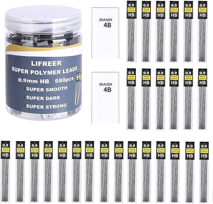 Lifreer 0.9 mm lead refills (680 Pcs), Unbreakable 0.9mm lead pencil refills And 2 Premium Erasers, Long Lasting HB Mechanical Pencil Lead 0.9 Refill For Students & Professionals