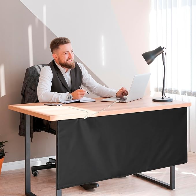 Under Desk Privacy Panel 39 in. Wide Modesty Panel For Desk - 17 in. Tall Black Faux Leather Desk Skirt for Office Desk with Cable Management Net, Perfect for 40 in. Work Station