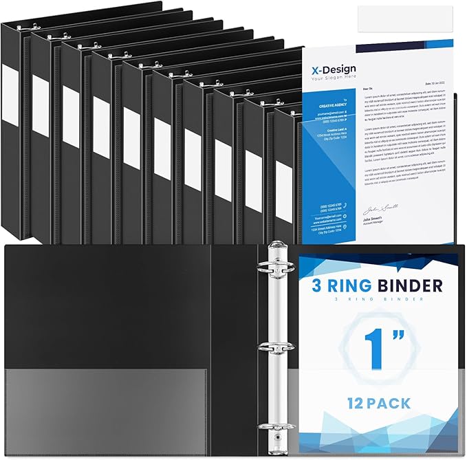 Henoyso 12 Pcs 3 Ring 1 Inch Binders Fits 8.5 x 11 Inch Letter Size Paper, Plastic Black Flexible Binders with View Cover and 2 Pockets, 175 Sheets Capacity for Office School