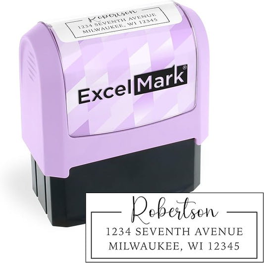 ExcelMark Address Stamp - Custom Return Address Stamp with Elegant Designs, Vibrant Colors & Patterns – Perfect for Mail, Invitations & Gifts (Violet Mount, Signature Frame)