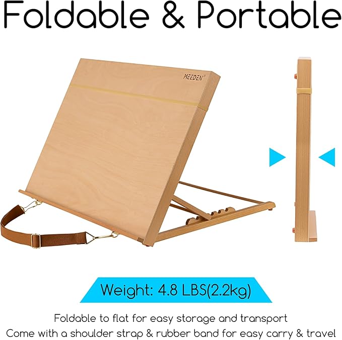 MEEDEN A2 Wooden Tabletop Easel for Painting, 5-Position Adjustable Drawing & Sketching Board with Shoulder Strap, Portable Beechwood Desktop Art Easel Stand for Adults, Artists, Beginners & Student