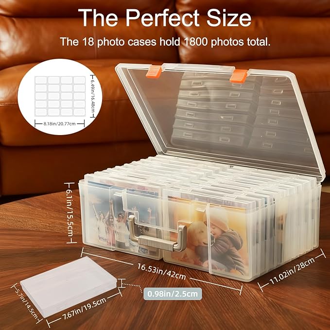 Photo Storage Box 5 x 7 Inches, 18 Inner Extra Large Photo Boxes with Dividers, Clear Acid-Free Photo Storage Containers with Handle, Photo Organizer Craft Keeper for Photo,Craft,Stamp,Sticker,Seed
