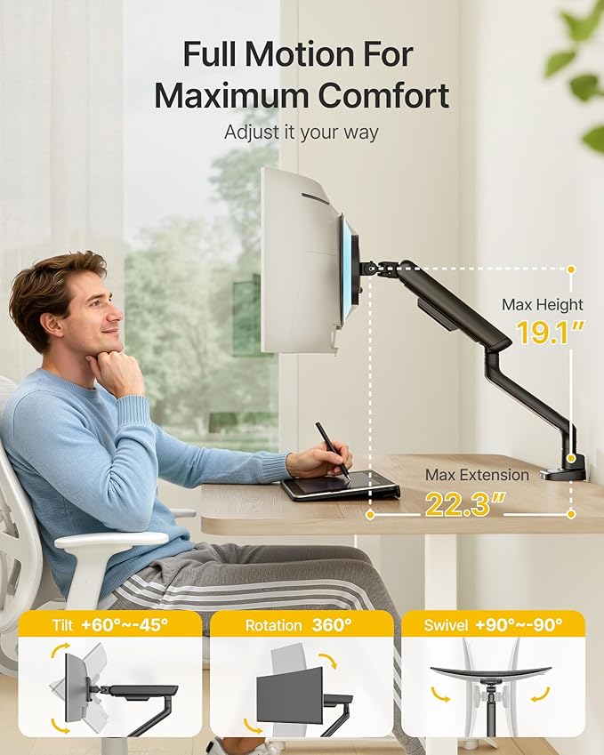 monTEK Single Monitor Arm with USB, Mechanical Spring Monitor Arm for 17-40" Screens, Adjustable Monitors Desk Mount Holds up to 24.2 lbs with C Clamp/Grommet Desk Mount, VESA 75/100mm, MA1011UCBK