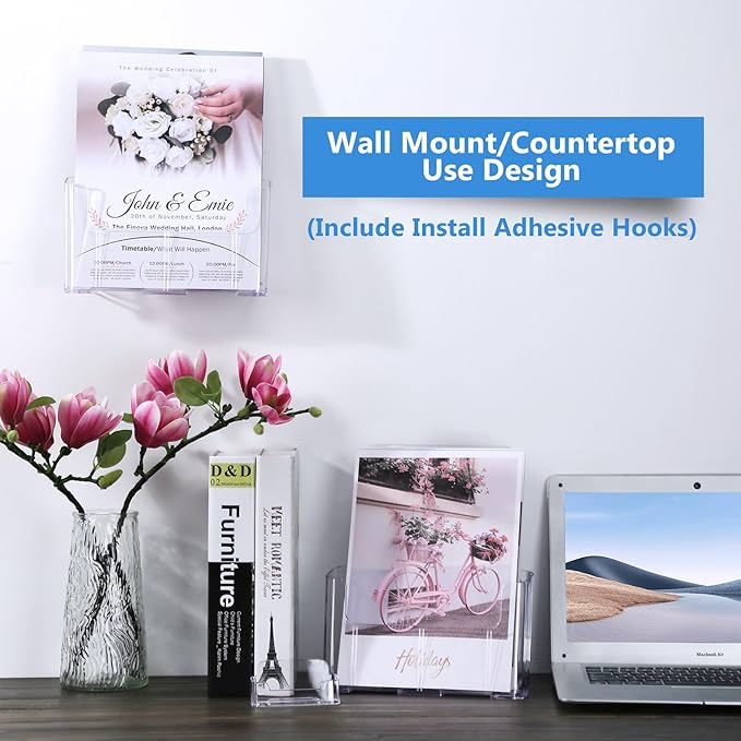 Argvey Acrylic Brochure Holder 8.5 x 11 inches, 4 Pack Clear Brochure Display Stand with Removable Divider for Trifold 4 Inches Wide Pamphlet, Plastic Flyer Holder for Magazine, Literature, Booklet
