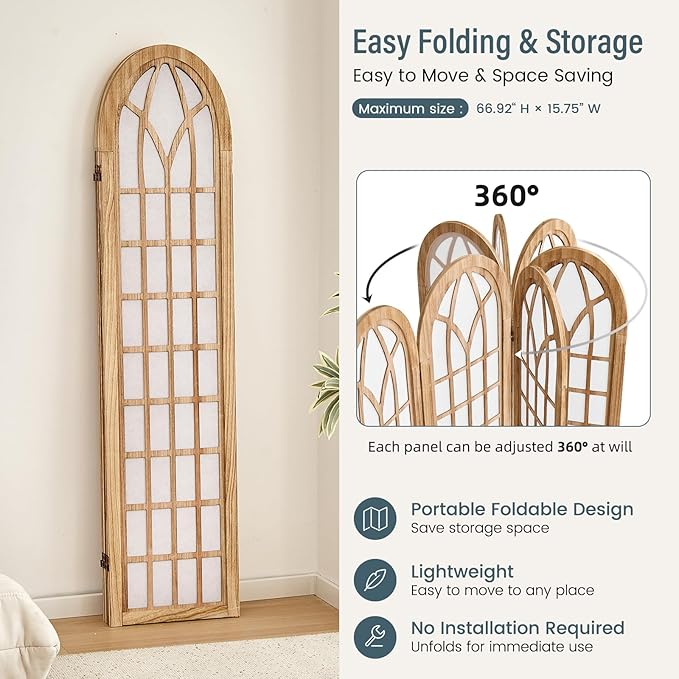 Aletheiawu 6 Panel Room Divider Wall Shoji Screen, Japanese Wood Room Divider for Room Separation, Folding Privacy Screen, Portable Room Partition for Home Office Restaurant - Natural