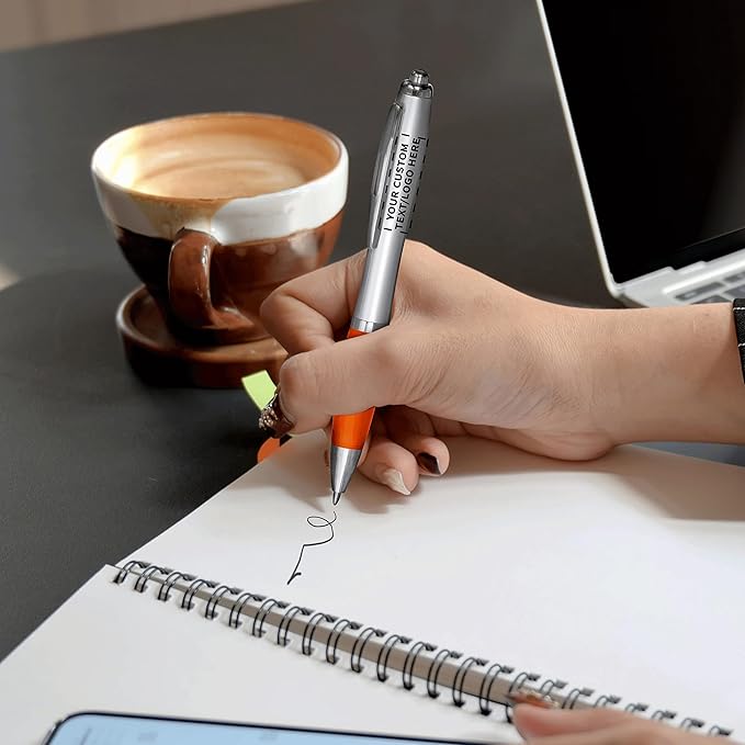 DISCOUNT PROMOS Personalized Ballpoint Pens With Rubber Grip, 100 pack Customizable Ergonomic Click-to-Write Custom Writing Pens for School with Black Ink, Orange