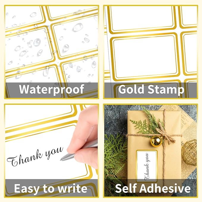 Yeachlaing 2" x 3" 200 PCS Name Labels, Waterproof Blank Name Tag Stickers with Permanent Adhesive Writable Stickers with Metallic Gold Border for School Office Home