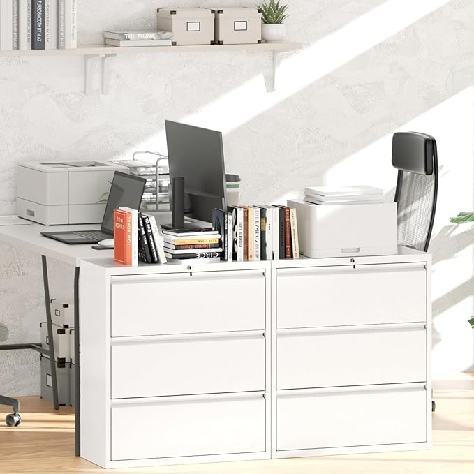 Greenvelly 3 Drawer File Cabinet, Metal Filing Cabinet with Lock, White Lateral File Cabinet for Home Office, Locking File Cabinet for Letter/Legal/F4/A4 Size Hanging Files, Easy Assembly