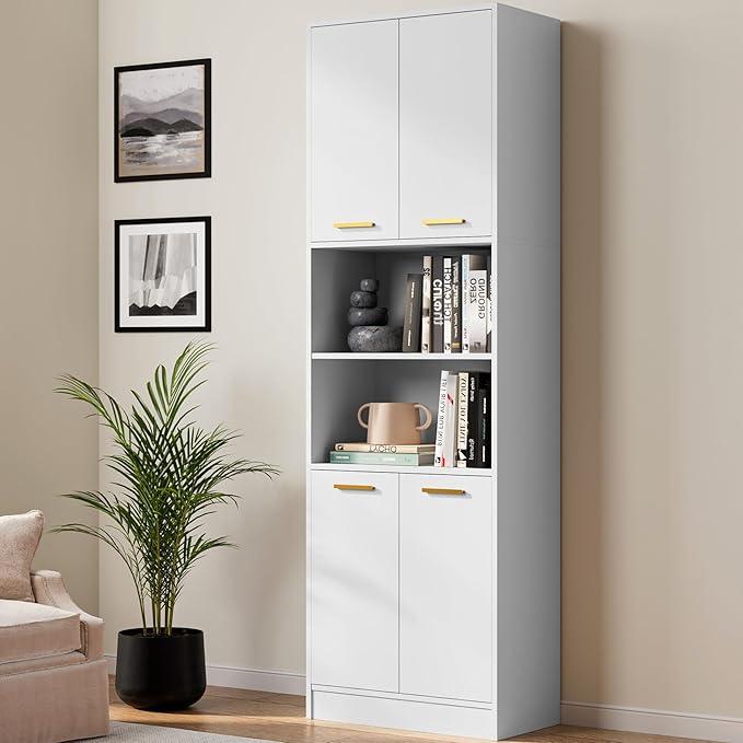 Cozy Castle Kitchen Pantry Cabinet, 75" Tall Wood Storage Cabinet with Doors and Shelves, 4 Doors Open Countertop Utility Hutch Cupboard for Dining Room Living Room Bathroom Furniture, White