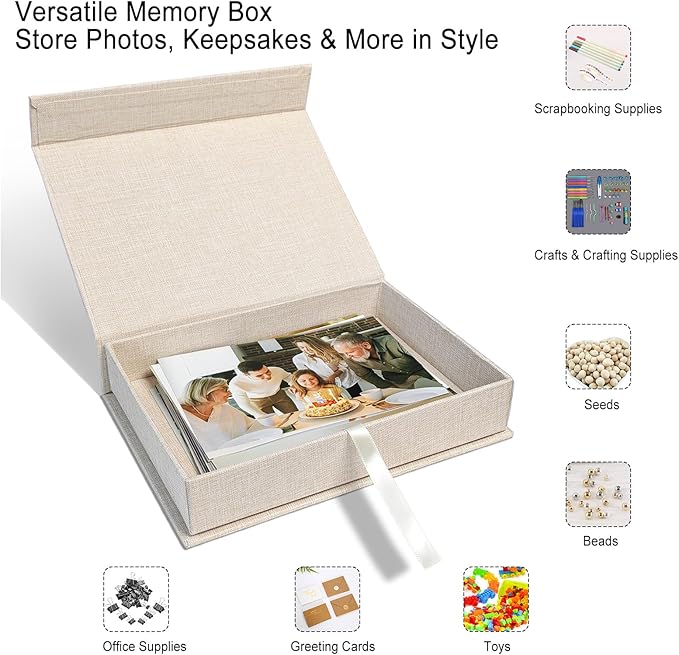 Sprsthai 5x7 Archival Photo Storage Box with Lid – Stackable Memory Keepsake Organizer for Photos, Certificates, Jewelry & Scrapbooking Supplies Beige