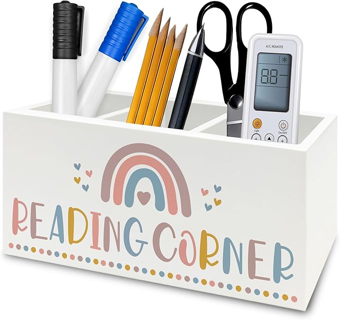 QZQE Boho Reading Corner Pen Pencil Holder Organizer for Desk, Boho Rainbow Bookish Wooden Box Signs Decorations for Reading Nook Corner Room Desk Tabletop, Book Lover Reader Gifts