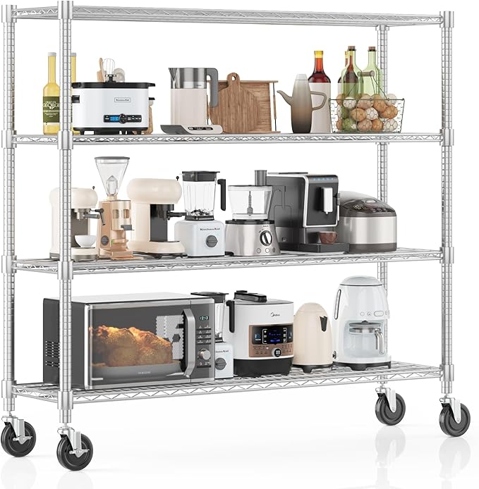 Homdox 4 Tier Heavy Duty Metal Wire Shelving with Wheels, 2400 lbs Capacity Garage Storage Rack, Rolling Industrial Storage, Adjustable Commercial Shelves for Kitchen, Warehouse, 18"x60"x72", Chrome