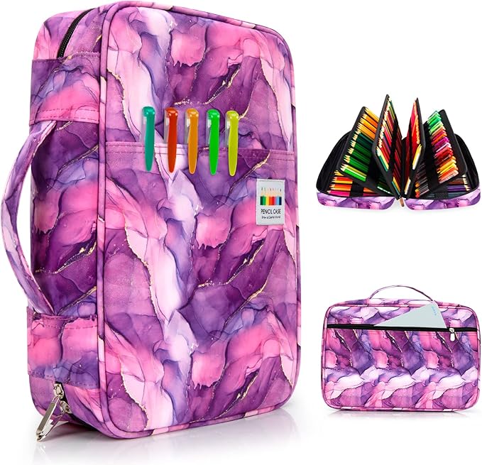 YOUSHARES 300 Slots Colored Pencil Bag - Handy Large Capacity Oxford Multi-Layer Zipper Pencil Bag for Prismacolor Colored Pencils & Gel Pen (Marble Purple)