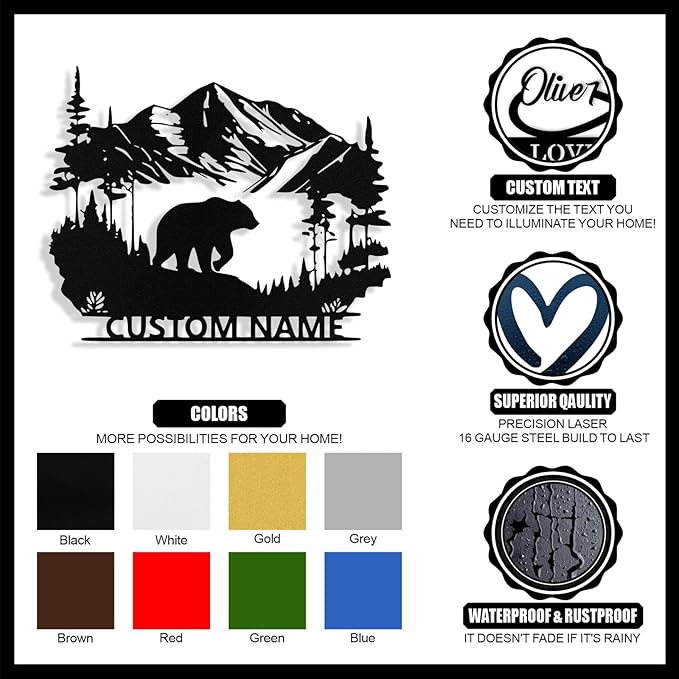 Custom Bear Metal Sign, Custom Bear Metal Wall Art Decor, Personalized Last Name Signs for Home, Rustic Farmhouse Black Wall Decor for Cabin, Bedroom, Living Room, Porch