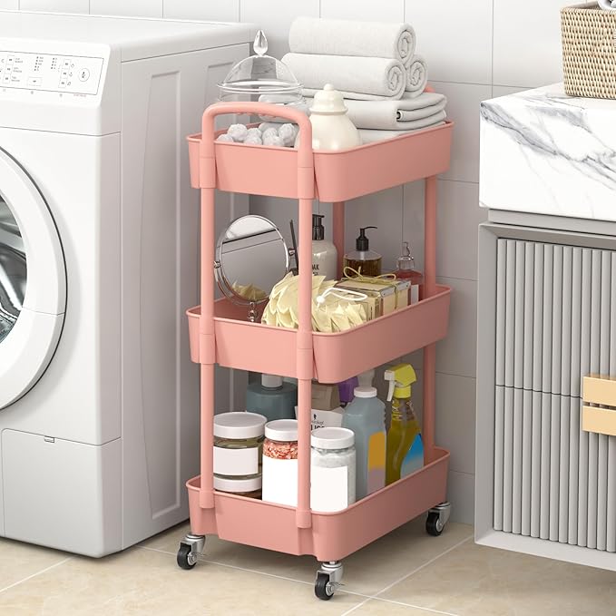 Sywhitta 3-Tier Plastic Rolling Utility Cart with Handle, Multi-Functional Storage Trolley for Office, Living Room, Kitchen, Movable Storage Organizer with Wheels, Pink