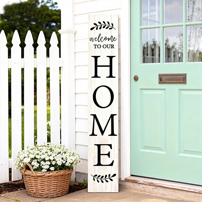 Welcome Sign for Front Porch, 47" Large Wooden Welcome to Our Home Sign Door Hanging Standing Plaque, Farmhouse Vertical Outdoor Porch Decorations for Yard Patio Entrance (White)