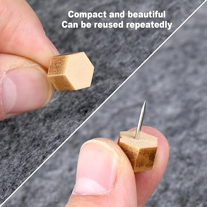 Decorative Push Pins,Wooden Push Pins for Cork Board,Thumb Tacks for Cork Board Hexagon (50)