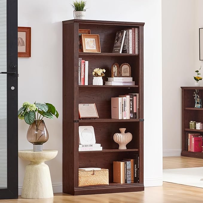 RWYHG 70" Walnut Tall Bookshelf Set of 2,5-Tier Thick Wooden Book Shelf with Adjustable Shelves,Free Standing Farmhouse Bookcase with Open Display Storage,Floor Vintage Bookshelves for Living Room