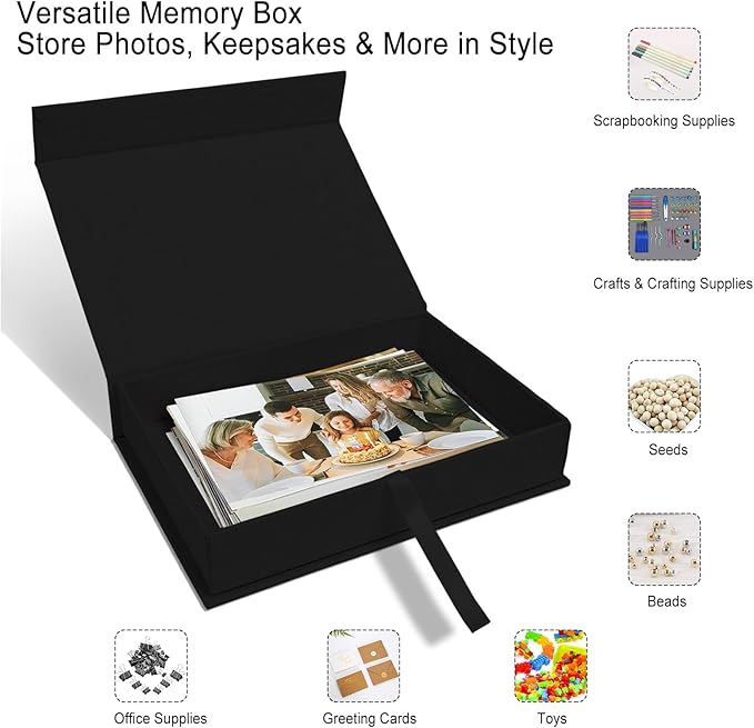 Sprsthai 8x10 Archival Photo Storage Box with Lid – Stackable Memory Keepsake Organizer for Photos, Certificates, Jewelry & Scrapbooking Supplies Black