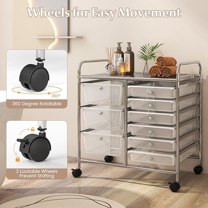 LDAILY 9 Drawer Rolling Storage Cart, Rolling Cart with Drawers for Classroom, Art Supply Craft Organizer on Wheel with Metal Frame & Handles for Home Office School