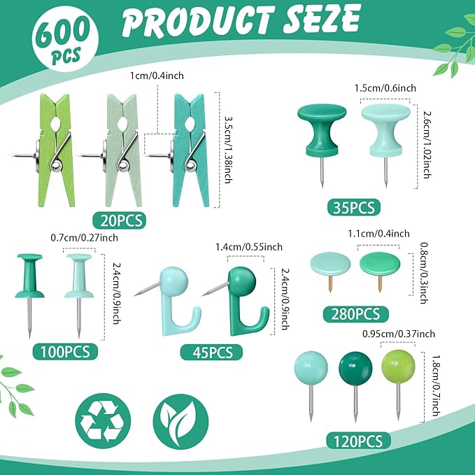 600 Pcs Decorative Push Pins, Plant Green Thumb Tacks 6 Types Cute Push Pin Clip for Bulletin Board Wall Cork Board Colorful Classroom Decor Teacher Must Haves Supplies School Crafts Project