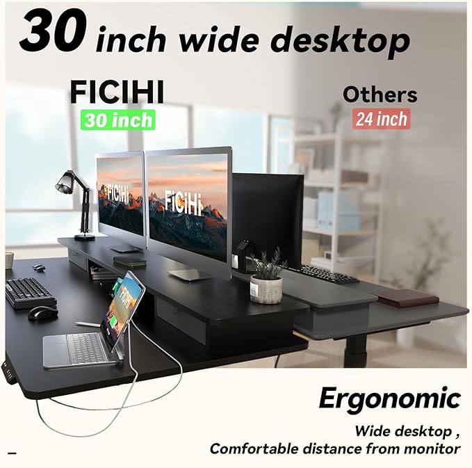 FiCiHi Adjustable Height Standing Desk with 4 Drawers,63 x 30 inches Electric Sit Stand Home Office Desk with Two Tiers, 3 Memory Presets, Monitor Stand Riser, USB A/C Charging Port