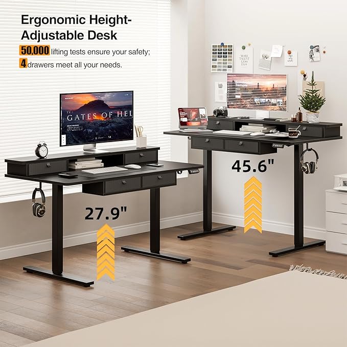 Grandder 47 x 28 inch Electric Standing Desk with 4 Drawers, Sit Stand Up Desk Adjustable Height with Storage Shelf for Home Office Ergonomic Adjustable Desk with Splice Board, Black