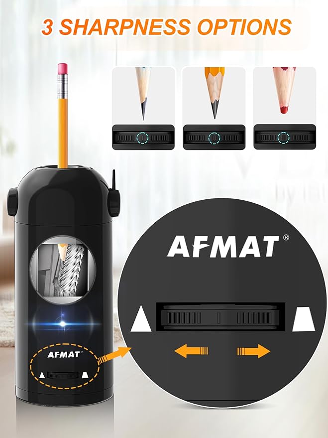 AFMAT Electric Pencil Sharpener, Fully Automatic Pencil Sharpener for Classroom, Robot Sharpeners for 7-11.5mm No.2/Jumbo/Colored Pencils, Auto in & Out, Rechargeable & Cordess, Hands-Free, PSX5,Black