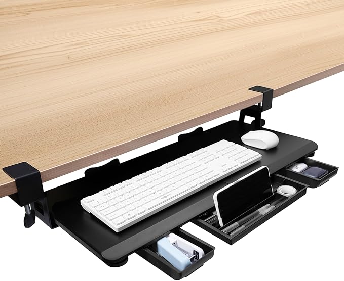 OUKMIC Large Keyboard Tray Under Desk Slide Out with Sturdy C-Clamp Mount and Storage Drawer, 27" (31" Including Clamps) x 12" Ergonomic Keyboard Trays for Home and Office, Black