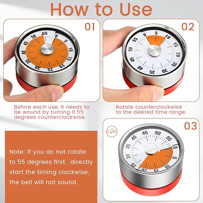 6 Pcs 60 Minute Visual Kitchen Timer Small Classroom Timers with Loud Alarm Stainless Steel Mechanical Timers for Classroom Desk Teaching Chef Countdown Egg Baking Office Cooking(Red)