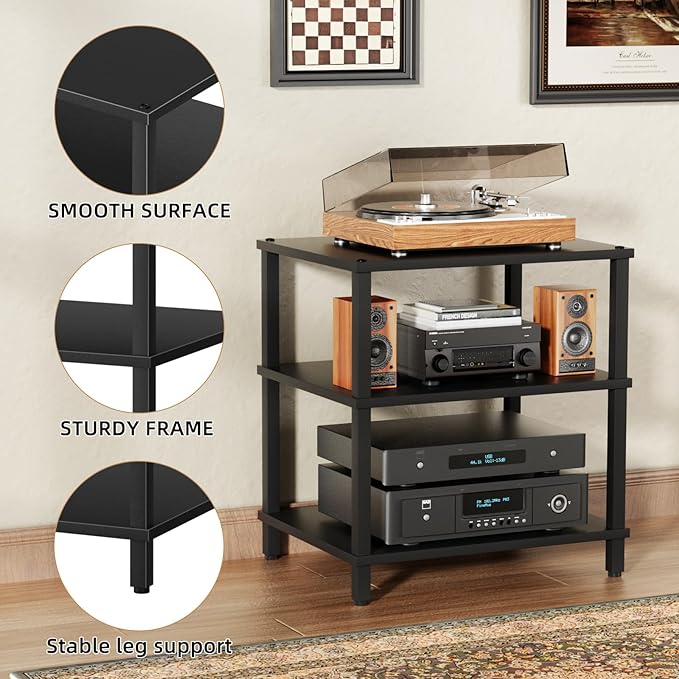 LELELINKY 3-Tier AV Media Player Stand Set of 2, Black Stereo Cabinet, Wooden TV Stand,Game Console Shelf, Multifunctional Entertainment Center, Suitable for Home, Conference Room, Game Studio
