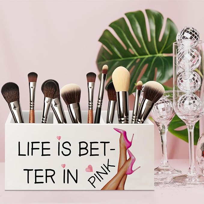 URLLUAE Cute Girly Pink Makeup Brush Toothbrush Holder Organizer for Dorm Bathroom Vanity, Life is Better in Pink Wooden Pen Pencil Holder for Desk Accessories